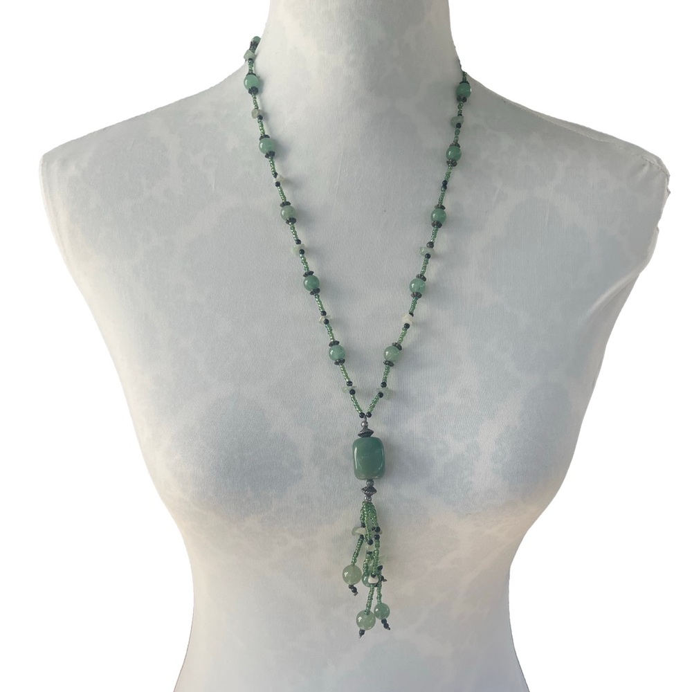 Vintage Green Aventurine Beaded Necklace with Tassel Pendant